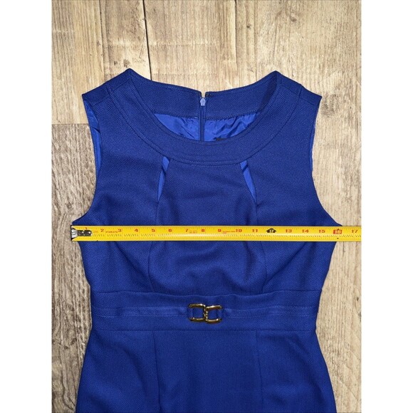 Tahari ASL Dress 4 Cobalt Blue Sleeveless Textured Lined Sheath Gold Details EUC - Picture 6 of 6